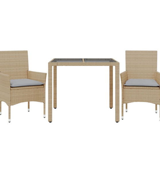 3-tlg. Garten-Essgruppe mit Kissen Beige Poly Rattan und Glas