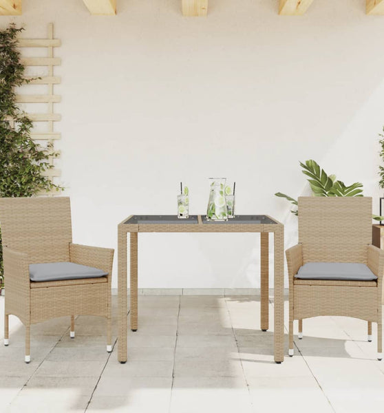 3-tlg. Garten-Essgruppe mit Kissen Beige Poly Rattan und Glas