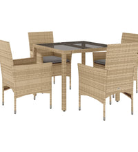 5-tlg. Garten-Essgruppe mit Kissen Beige Poly Rattan und Glas