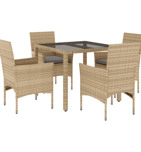 5-tlg. Garten-Essgruppe mit Kissen Beige Poly Rattan und Glas