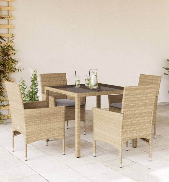 5-tlg. Garten-Essgruppe mit Kissen Beige Poly Rattan und Glas