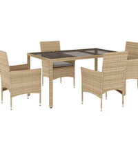 5-tlg. Garten-Essgruppe mit Kissen Beige Poly Rattan und Glas
