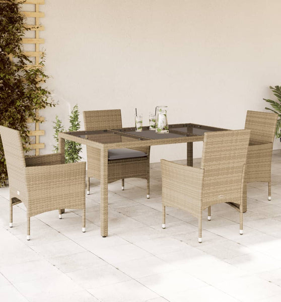 5-tlg. Garten-Essgruppe mit Kissen Beige Poly Rattan und Glas