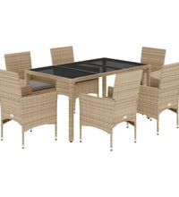 7-tlg. Garten-Essgruppe mit Kissen Beige Poly Rattan und Glas