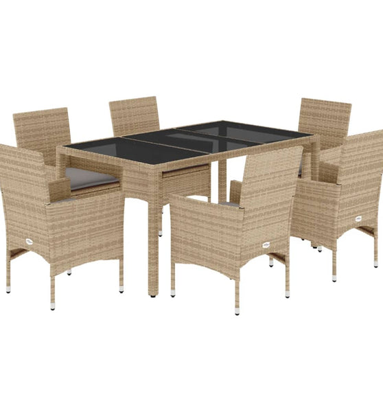 7-tlg. Garten-Essgruppe mit Kissen Beige Poly Rattan und Glas