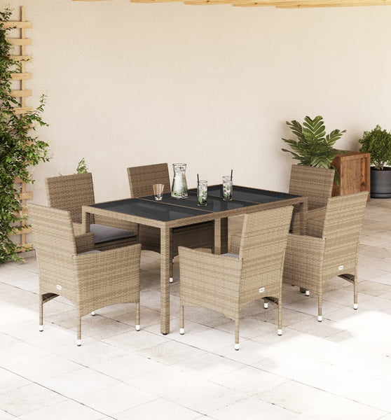7-tlg. Garten-Essgruppe mit Kissen Beige Poly Rattan und Glas