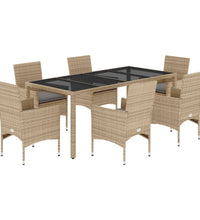 7-tlg. Garten-Essgruppe mit Kissen Beige Poly Rattan und Glas