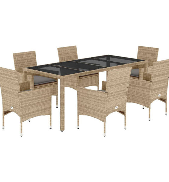 7-tlg. Garten-Essgruppe mit Kissen Beige Poly Rattan und Glas