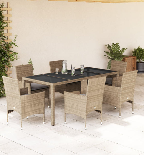 7-tlg. Garten-Essgruppe mit Kissen Beige Poly Rattan und Glas