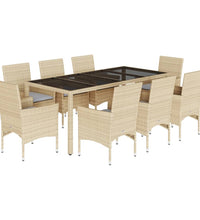 9-tlg. Garten-Essgruppe mit Kissen Beige Poly Rattan Glas