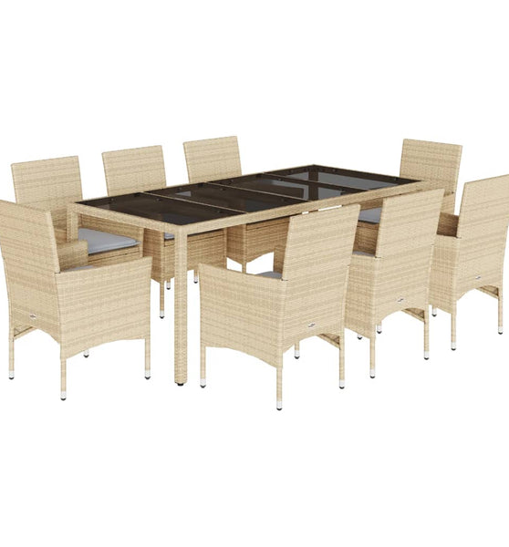 9-tlg. Garten-Essgruppe mit Kissen Beige Poly Rattan Glas