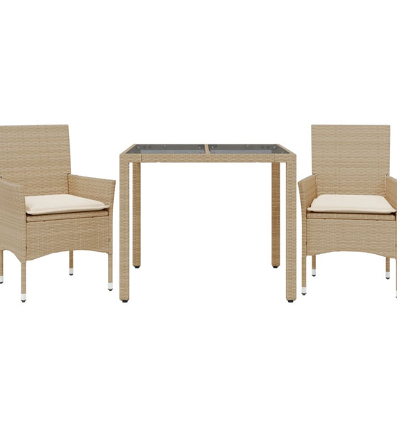 3-tlg. Garten-Essgruppe mit Kissen Beige Poly Rattan und Glas