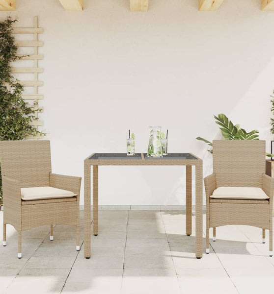 3-tlg. Garten-Essgruppe mit Kissen Beige Poly Rattan und Glas