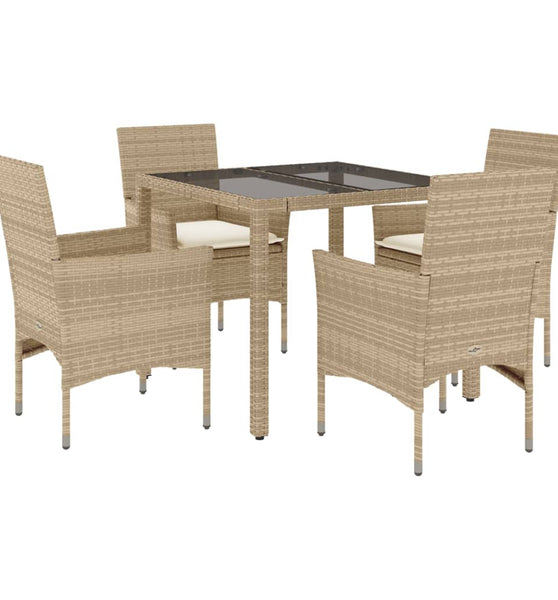 5-tlg. Garten-Essgruppe mit Kissen Beige Poly Rattan und Glas