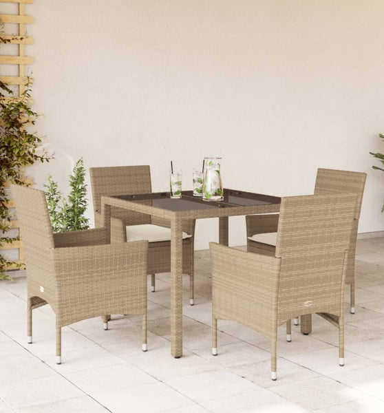 5-tlg. Garten-Essgruppe mit Kissen Beige Poly Rattan und Glas