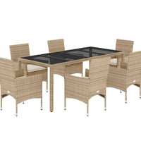 7-tlg. Garten-Essgruppe mit Kissen Beige Poly Rattan und Glas