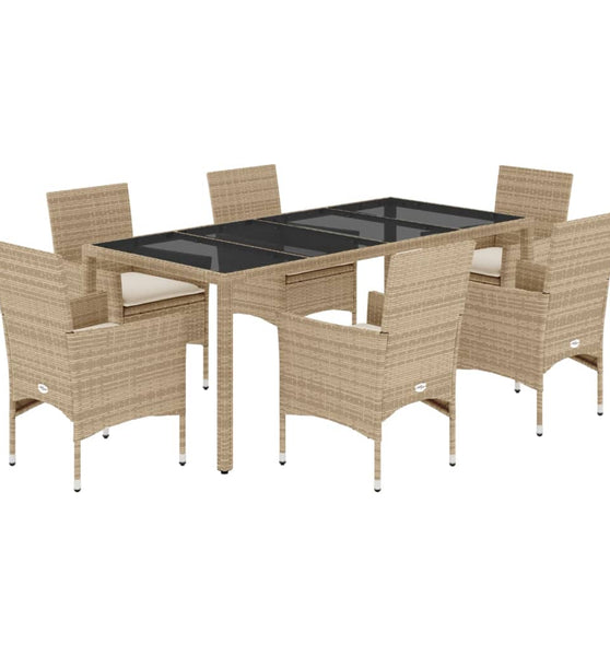 7-tlg. Garten-Essgruppe mit Kissen Beige Poly Rattan und Glas