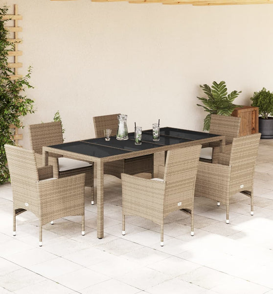 7-tlg. Garten-Essgruppe mit Kissen Beige Poly Rattan und Glas