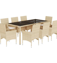 9-tlg. Garten-Essgruppe mit Kissen Beige Poly Rattan Glas