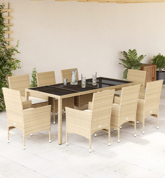 9-tlg. Garten-Essgruppe mit Kissen Beige Poly Rattan Glas