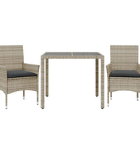 3-tlg. Garten-Essgruppe mit Kissen Hellgrau Poly Rattan Glas