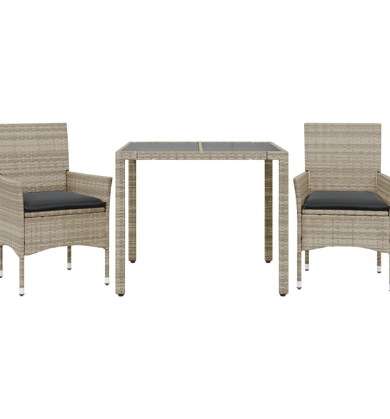 3-tlg. Garten-Essgruppe mit Kissen Hellgrau Poly Rattan Glas