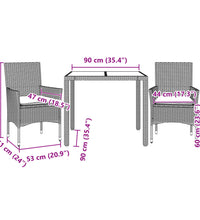 3-tlg. Garten-Essgruppe mit Kissen Hellgrau Poly Rattan Glas