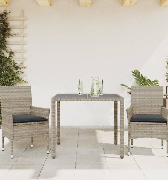 3-tlg. Garten-Essgruppe mit Kissen Hellgrau Poly Rattan Glas