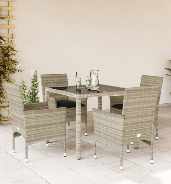 5-tlg. Garten-Essgruppe mit Kissen Hellgrau Poly Rattan Glas
