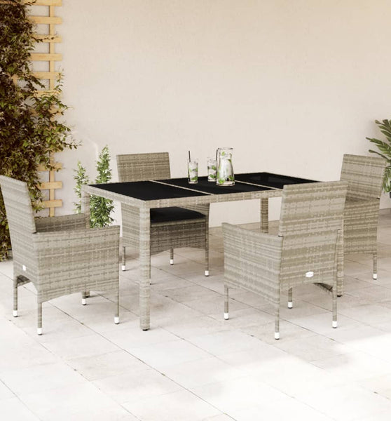 5-tlg. Garten-Essgruppe mit Kissen Hellgrau Poly Rattan Glas