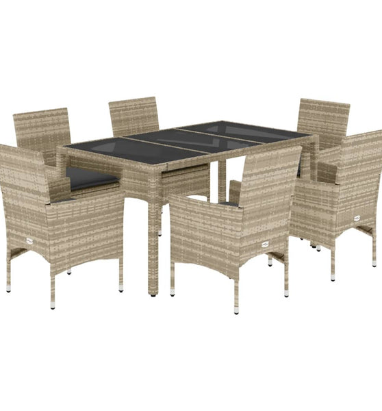 7-tlg. Garten-Essgruppe mit Kissen Hellgrau Poly Rattan & Glas