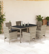 7-tlg. Garten-Essgruppe mit Kissen Hellgrau Poly Rattan & Glas