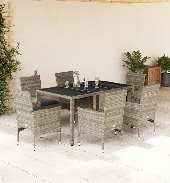 7-tlg. Garten-Essgruppe mit Kissen Hellgrau Poly Rattan & Glas