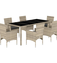7-tlg. Garten-Essgruppe mit Kissen Hellgrau Poly Rattan & Glas