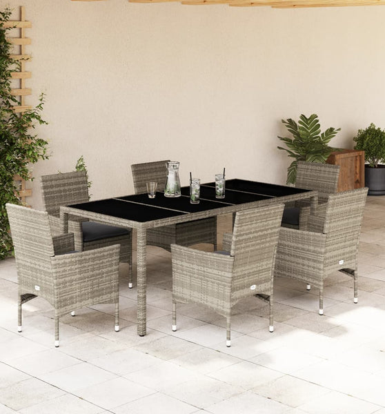 7-tlg. Garten-Essgruppe mit Kissen Hellgrau Poly Rattan & Glas