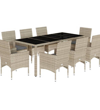 9-tlg. Garten-Essgruppe mit Kissen Hellgrau Poly Rattan & Glas