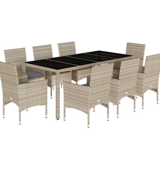 9-tlg. Garten-Essgruppe mit Kissen Hellgrau Poly Rattan & Glas