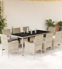 9-tlg. Garten-Essgruppe mit Kissen Hellgrau Poly Rattan & Glas