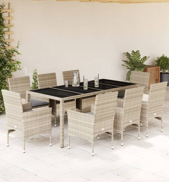 9-tlg. Garten-Essgruppe mit Kissen Hellgrau Poly Rattan & Glas