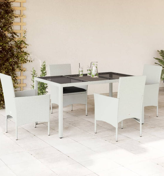 5-tlg. Garten-Essgruppe mit Kissen Weiß Poly Rattan und Glas