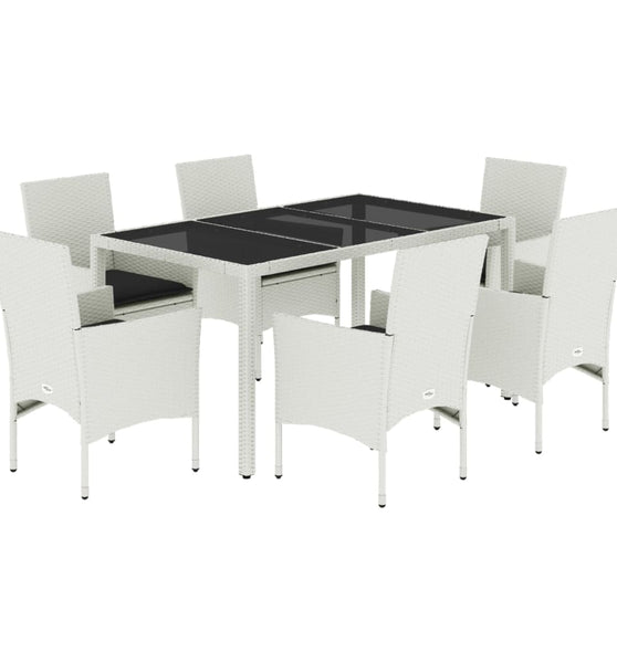 7-tlg. Garten-Essgruppe mit Kissen Weiß Poly Rattan und Glas