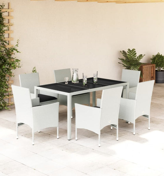 7-tlg. Garten-Essgruppe mit Kissen Weiß Poly Rattan und Glas