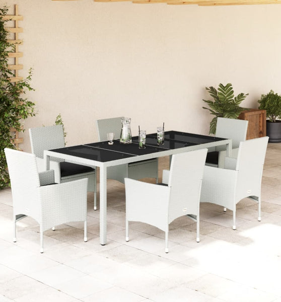 7-tlg. Garten-Essgruppe mit Kissen Weiß Poly Rattan und Glas