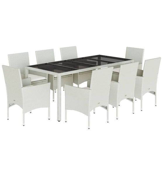 9-tlg. Garten-Essgruppe mit Kissen Weiß Poly Rattan und Glas