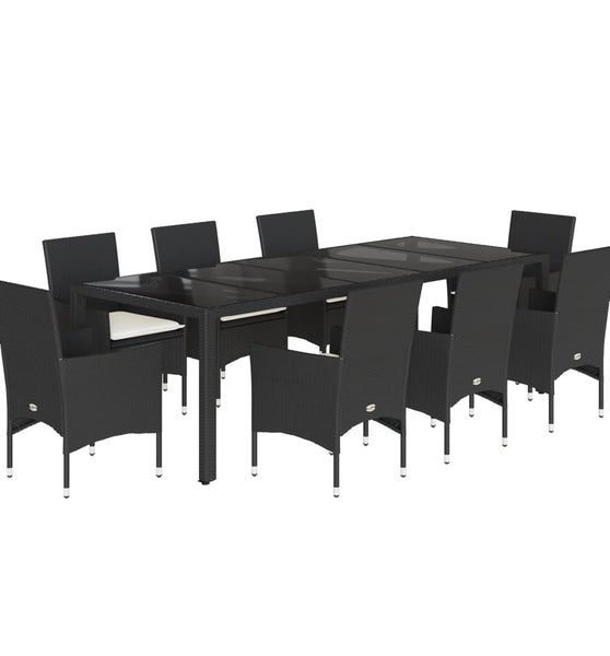 9-tlg. Garten-Essgruppe mit Kissen Schwarz Poly Rattan und Glas