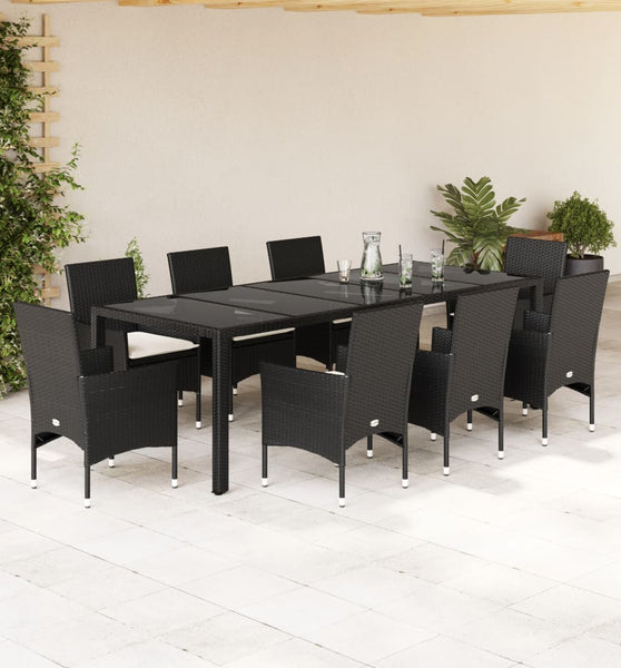 9-tlg. Garten-Essgruppe mit Kissen Schwarz Poly Rattan und Glas