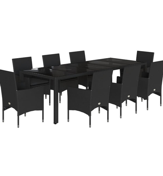 9-tlg. Garten-Essgruppe mit Kissen Schwarz Poly Rattan und Glas