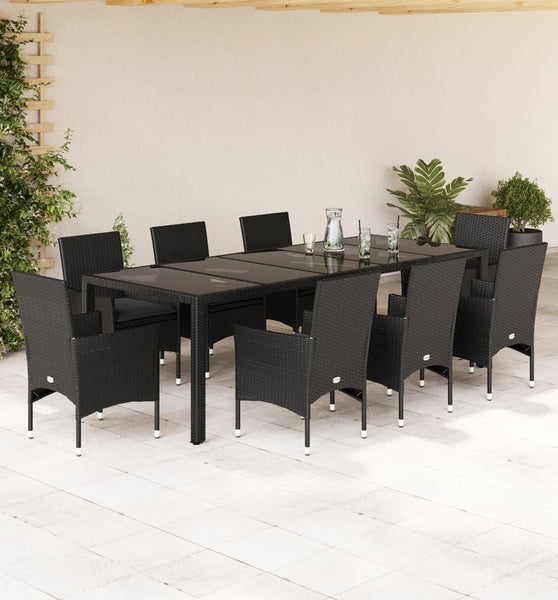9-tlg. Garten-Essgruppe mit Kissen Schwarz Poly Rattan und Glas