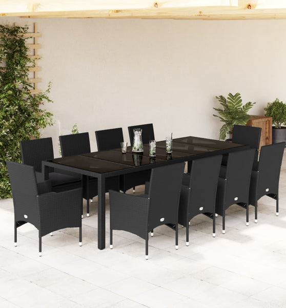 11-tlg. Garten-Essgruppe mit Kissen Schwarz Poly Rattan Glas
