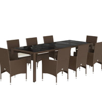 9-tlg. Garten-Essgruppe mit Kissen Braun Poly Rattan Glas
